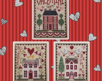 VALENTINE HOUSE TRIO; Digital Pattern for Cross Stitch by Waxing Moon Designs; Set of 3 Cute Romantic Houses; House Trio Series