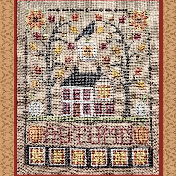 SALTBOX AUTUNNALE; Schema digitale scaricabile per punto croce di Waxing Moon; Tradizionale casa a forma di sale in una graziosa ambientazione autunnale.