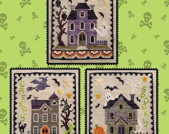 HAUNTED HOUSE TRIO; Digital Pattern for Counted Cross Stitch by Waxing Moon; Part of our On-Going Trio Series; Cute Halloween Houses