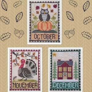 OCTOBER, NOVEMBER, DECEMBER Monthly Trio; Downloadable Pdf Pattern by Waxing Moon; A cute Owl, handsome Turkey and a festive winter House.