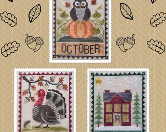 OCTOBER, NOVEMBER, DECEMBER Monthly Trio; Downloadable Pdf Pattern by Waxing Moon; A cute Owl, handsome Turkey and a festive winter House.