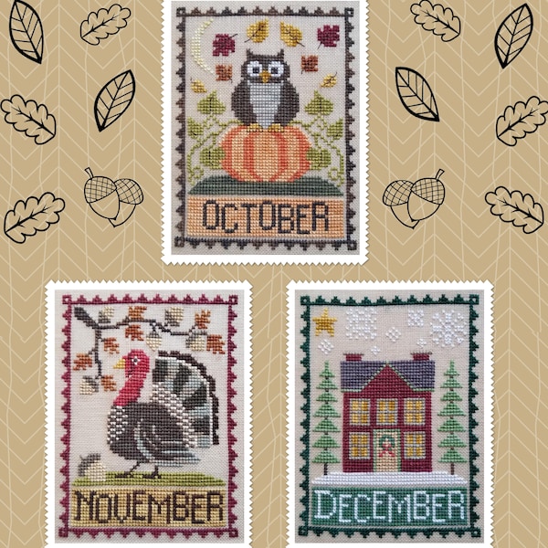 OCTOBER, NOVEMBER, DECEMBER Monthly Trio; Downloadable Pdf Pattern by Waxing Moon; A cute Owl, handsome Turkey and a festive winter House.