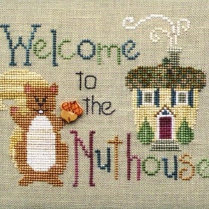 Welcome to the Nuthouse; Downloadable PDF pattern for counted cross stitch; Cute Squirrel, Funny saying.