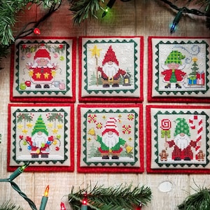 CHRISTMAS GNOME LITTLES; Digital Printable Pattern for Cross Stitch by Waxing Moon; 6 Cute Gnome Designs for the Holidays; Quick & Easy!