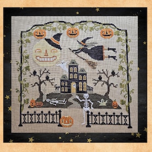 HAZEL'S HALLOWEEN, Digital Pattern for Cross Stitch by Waxing Moon; Witch Hazel's Halloween Flight above her Haunted House