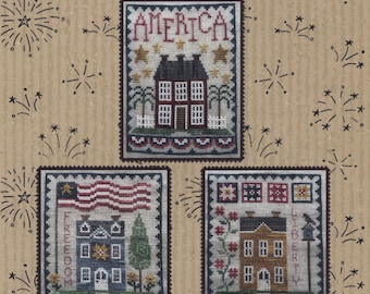PATRIOTIC HOUSE TRIO; Pattern for Cross Stitch; Instant Pdf Download; Set of 3 designs. Quick to Stitch Americana