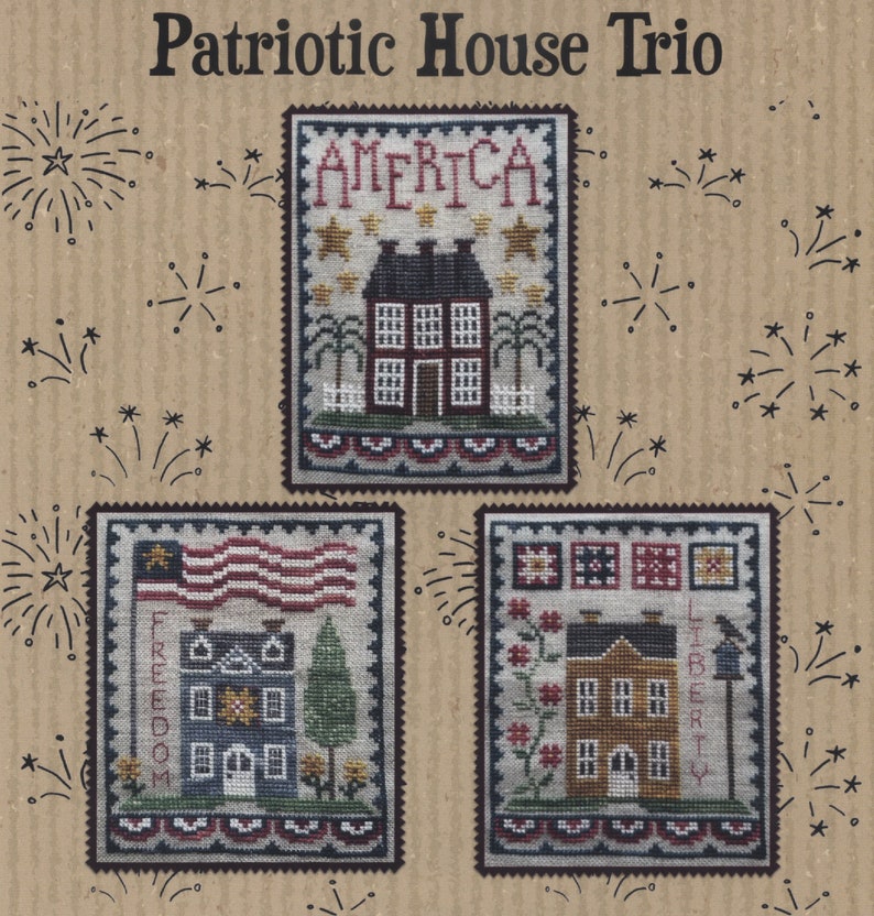 PATRIOTIC HOUSE TRIO Pattern for Cross Stitch Instant Pdf Download Set of 3 designs. Quick to Stitch Americana image 1