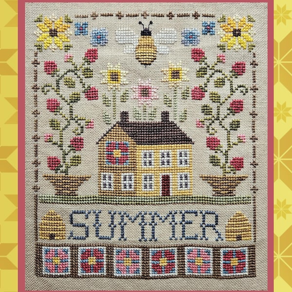 SALTBOX ESTIVA; Schema digitale per punto croce di Waxing Moon; Casa Saltbox in un grazioso scenario stagionale; Api, fiori e blocchi di patchwork