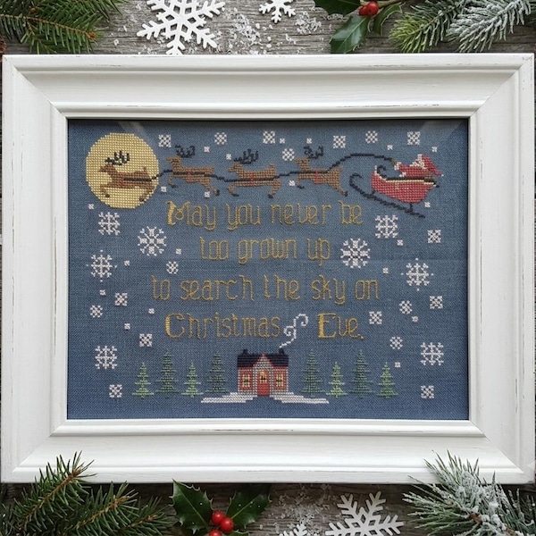 SEARCH THE SKY; Pattern for Cross Stitch; Instant Digital Download; Sweet Christmas Sentiment; Santa & his Reindeer on Christmas Eve