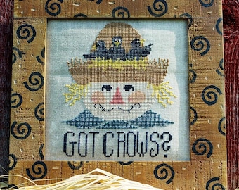 GOT CROWS? Digital Pattern for Cross Stitch; Vintage Waxing Moon! Whimsical Scarecrow and his Feathered Friends; Cute Autumn Design