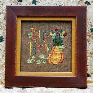 GIVE THANKS; Pattern for cross stitch; Instant PDF Download; Primitive Turkey on a Pumpkin for Harvest, Thanksgiving. Vintage Waxing Moon