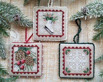Christmas Ornament Trio; Digital Pattern for Cross Stitch by Waxing Moon; 3 Quick-to-Stitch Ornaments; Ice Skate, Snowflake, Pinecones