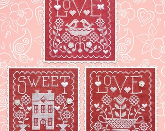 LOVE, SWEET LOVE! Digital Pattern for Cross Stitch by Waxing Moon Designs; Trio of quick, one-color patterns for Valentine's Day or any day!