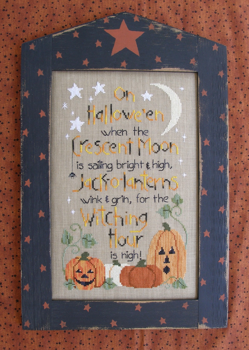 WITCHING HOUR Pattern for Cross Stitch Instant PDF Download Halloween poem set in a spooky pumpkin patch image 1