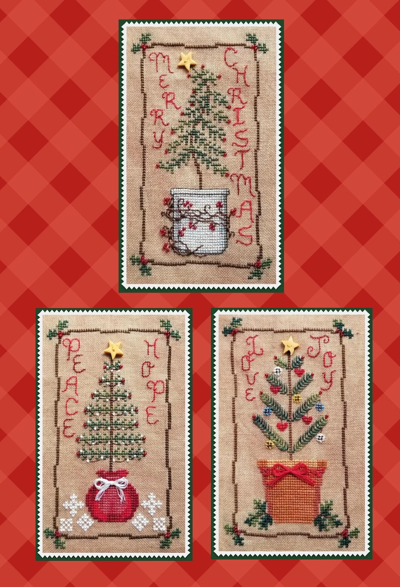 CHRISTMAS TREE TRIO; Digital pattern for cross stitch by Waxing Moon; A set of 3 Primitive Trees; Quick projects for the Holidays!