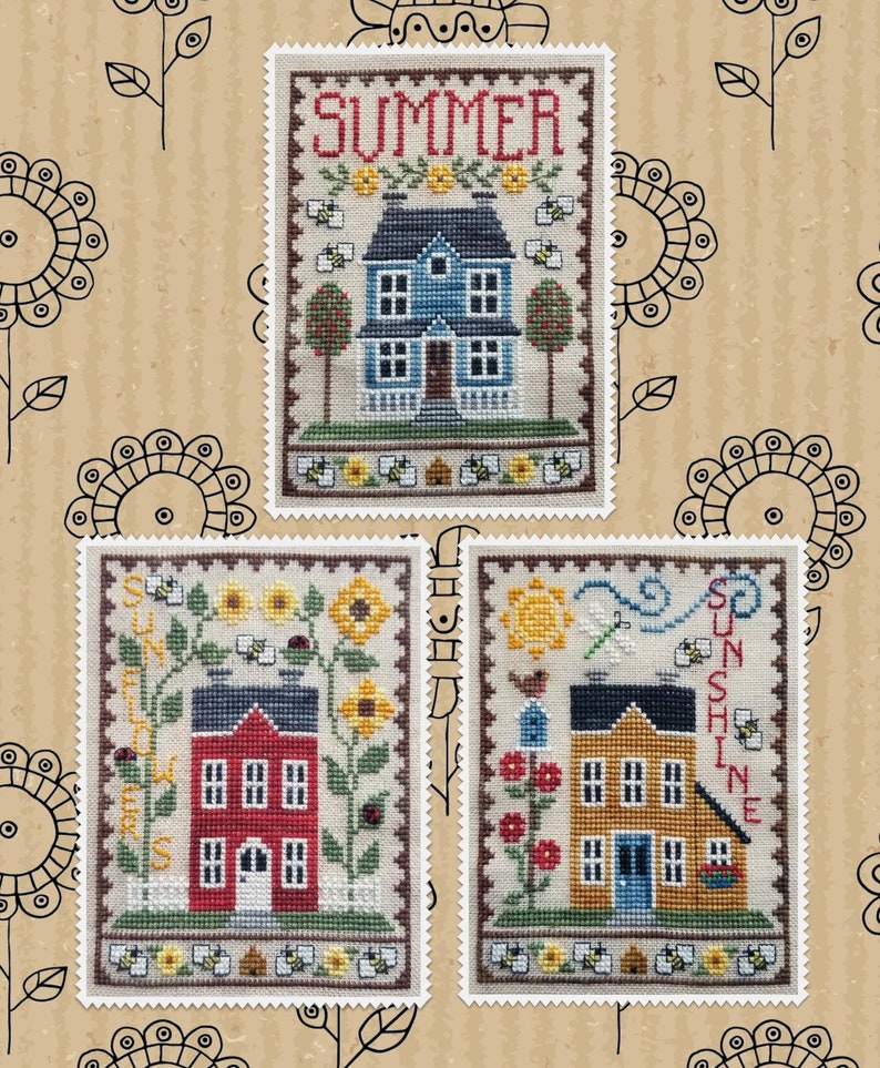 SUMMER HOUSE TRIO Digital Pattern for Cross Stitch by Waxing Moon Designs 3 Quick to stitch, Summer-Themed House Designs image 1