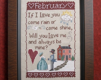 FEBRUARY SAMPLER, Downloadable pattern for counted cross stitch; PDF; Valentines; Love