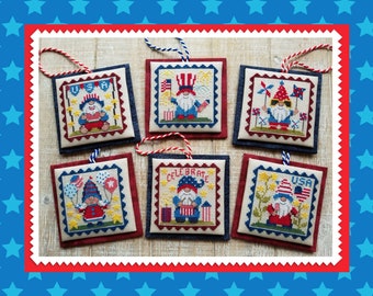 PEQUEÑOS GNOMOS PATRIÓTICOS; Patrón descargable para punto de cruz de Waxing Moon; 6 gnomos lindos y rápidos de coser que celebran la libertad
