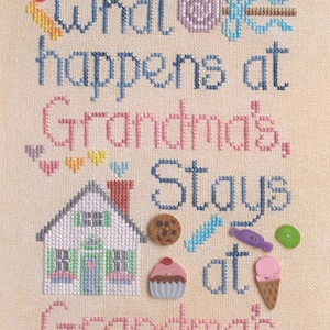 WHAT HAPPENS at GRANDMA&#39;S; Digital pattern for Cross Stitch; Also Includes Nana, Mimi, Lolli, Dee Dee, Mima & Nonna alternate charted names.
