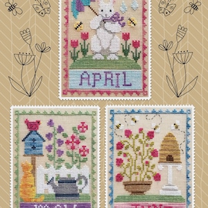 April, May, June Trio; Downloadable Pattern for Cross Stitch by Waxing Moon; 2nd in the MONTHLY TRIO SERIES; Cute Bunny, Bees and Flowers