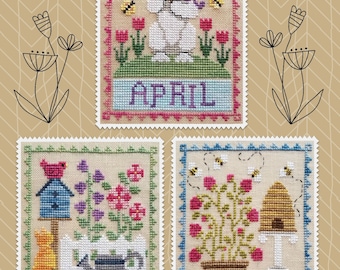 April, May, June Trio; Downloadable Pattern for Cross Stitch by Waxing Moon; 2nd in the MONTHLY TRIO SERIES; Cute Bunny, Bees and Flowers