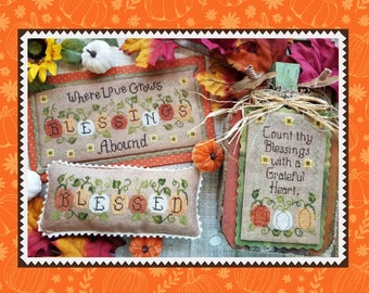 BLESSINGS ABOUND; Digital pattern for Cross Stitch by Waxing Moon; 3 Pumpkin-Themed Designs for Fall and Thanksgiving