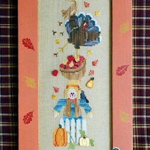 AUTUMN STACK; Pattern for Cross Stitch; Instant PDF Download; Scarecrow, Apples, Turkey & a Squirrel All Stacked up for Harvest Season