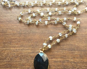 Sapphire Rosary// Blue Sapphire Pendant on Moonstone Rosary Chain