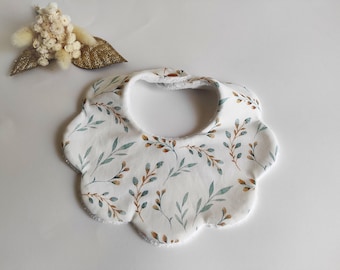 Oekotex baby bib with flower/cloud motif, willow branch.