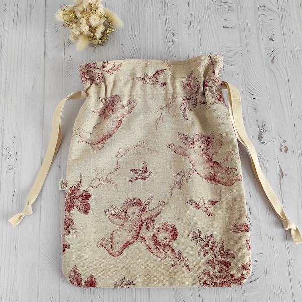 Pochon en toile de Jouy ange et tissu coton fleuri