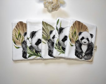 Set of 5 washable wipes Oekotex fabric panda pattern in watercolor / washcloths.