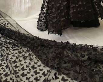 Black Lace 1 Way Stretch Mesh 3d Black and Gold Butterflies Prom Fabric Sold by the Yard Gown Quinceañera Bridal Evening Dress Decoration