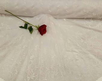 50" w French embroidered lace mesh white floral flowers double scalloped Fabric by the yard soft stretch veil dress