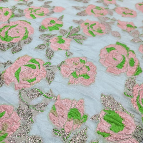 White Organza Brocade Fabric by the yard 58 inches Blush Pink Green Floral Flowers Brocade On Sheer Textured Organza