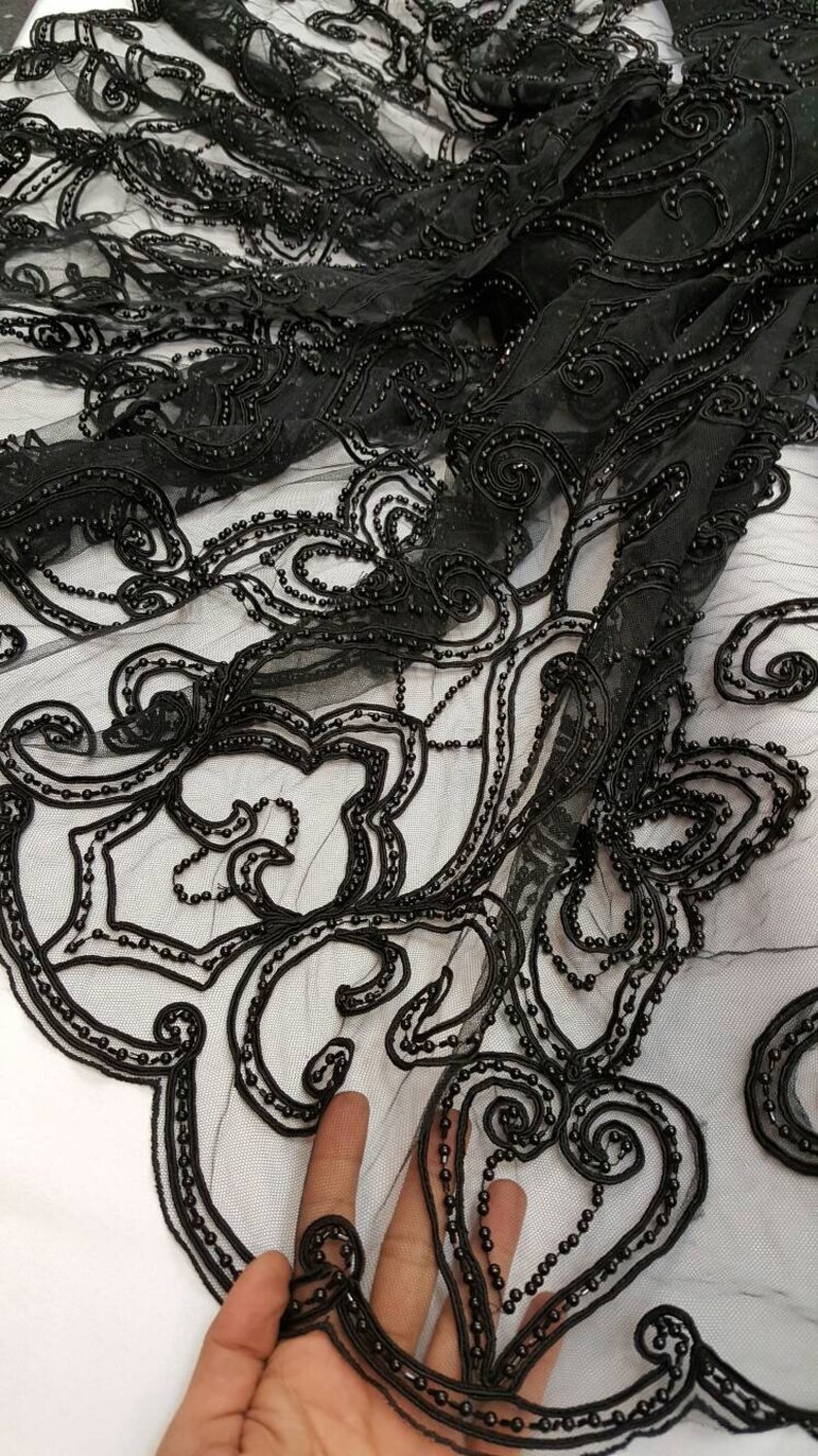 Black hand beaded lace pasley damask pearls on mesh 1 way stretch fabric sold by the yard gown Quincea\u00f1era bridal Evening dress decoration