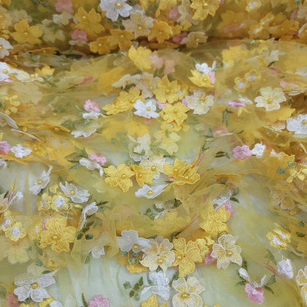 Yellow Beaded Lace 3d Multicolor Floral Flowers Pink Embroidered Pearls Prom Fabric Sold by the Yard Gown Quinceañera Bridal Dress