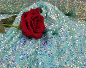 Mint Sequin Iridescent Embroidery in 4 Way Stretch Mesh Fabric By The Yard Fashion Dress Clothing Backdrop Party Dress