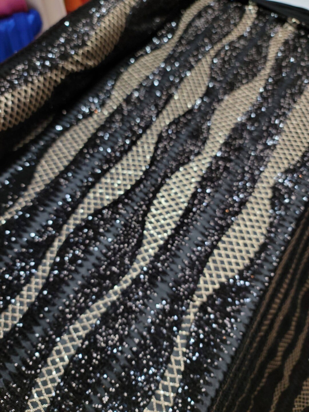 Black and Gold Sequin on 4 Way Stretch Mesh Lace Fabric by the Yard