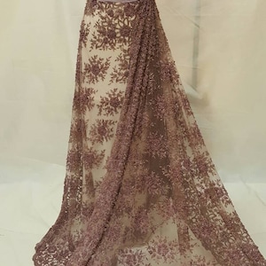 Mauve Hand beaded lace floral flowers embroidered pearls on mesh prom fabric sold by the yard gown Quinceañera bridal Evening dress Gorgeous
