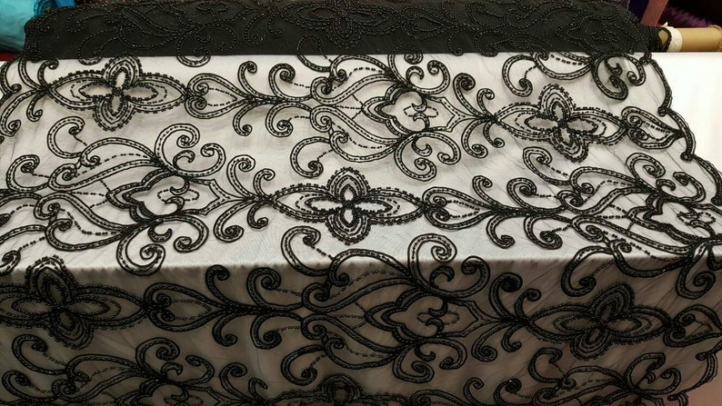 Black hand beaded lace pasley damask pearls on mesh 1 way stretch fabric sold by the yard gown Quincea\u00f1era bridal Evening dress decoration