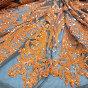 Orange Lace Shine Sequin Victorian Pattern on Brown four Way Stretch Mesh Fabric Sold By The Yard For Dress Prom Bridal