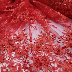 Red Beaded Lace Fabric 3d Floral Flowers Embroidered Pearls On Mesh Quinceañera Bridal Evening Dress Prom 3d Lace