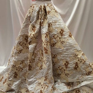 Brocade Brown Floral Flowers Embroidered Silver Organza Prom Fabric Sold by the Yard Gown Quinceañera Bridal Evening Dress Draping Decoratio
