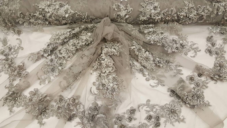 Silver lace 3d floral flowers embroidered on mesh rinesthone sequin pearl fabric sold by the yard wedding gown gorgeous prom dress Evening