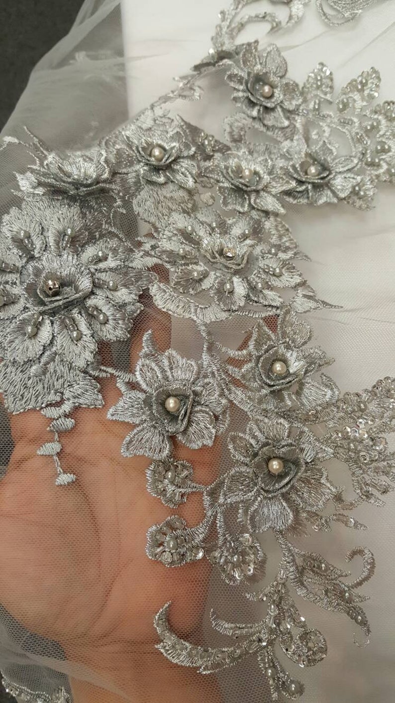 Silver lace 3d floral flowers embroidered on mesh rinesthone sequin pearl fabric sold by the yard wedding gown gorgeous prom dress Evening