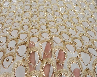 Gold lace shining glued glitter pearls  on mesh brifal fabric sold by the yard prom gown gorgeous gold lace peacock pattern bling bling