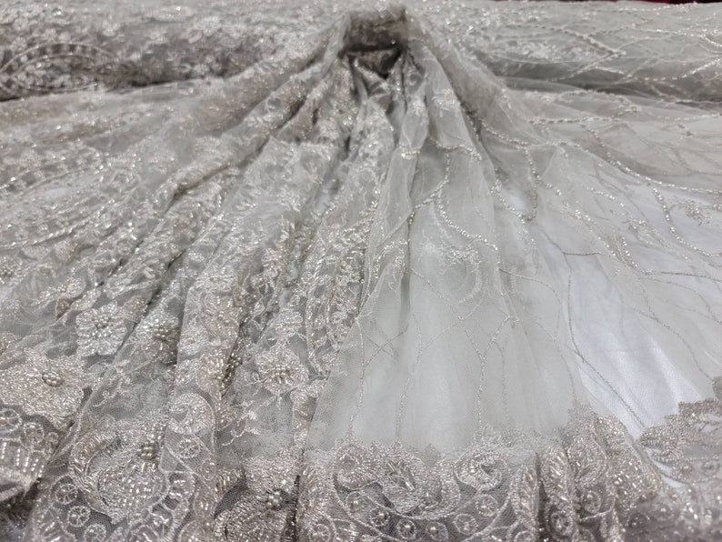 Silver Beaded Lace Fabric by the Yard Embroidery Floral Etsy
