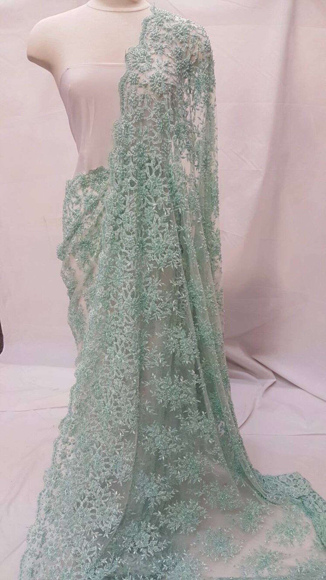 Mint Hand Beaded Lace Floral Flowers Embroidered Pearls on Mesh Prom ...