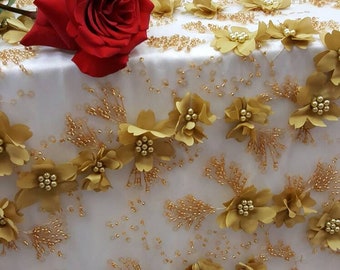 Gold hand beaded lace 3d satin floral flowers sequin on double scalloped Prom fabric sold by the yard gown Quinceañera bridal Evening dress