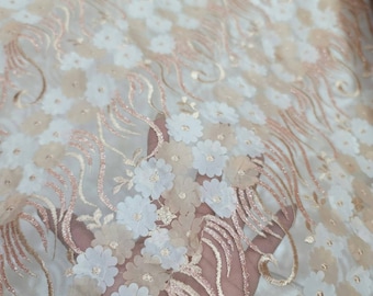 Champagne Lace Beige and Ivory Embroidery 3d Floral Sequin On Mesh Fabric Sold By The Yard Quinceañera Bridal Evening Dress Prom